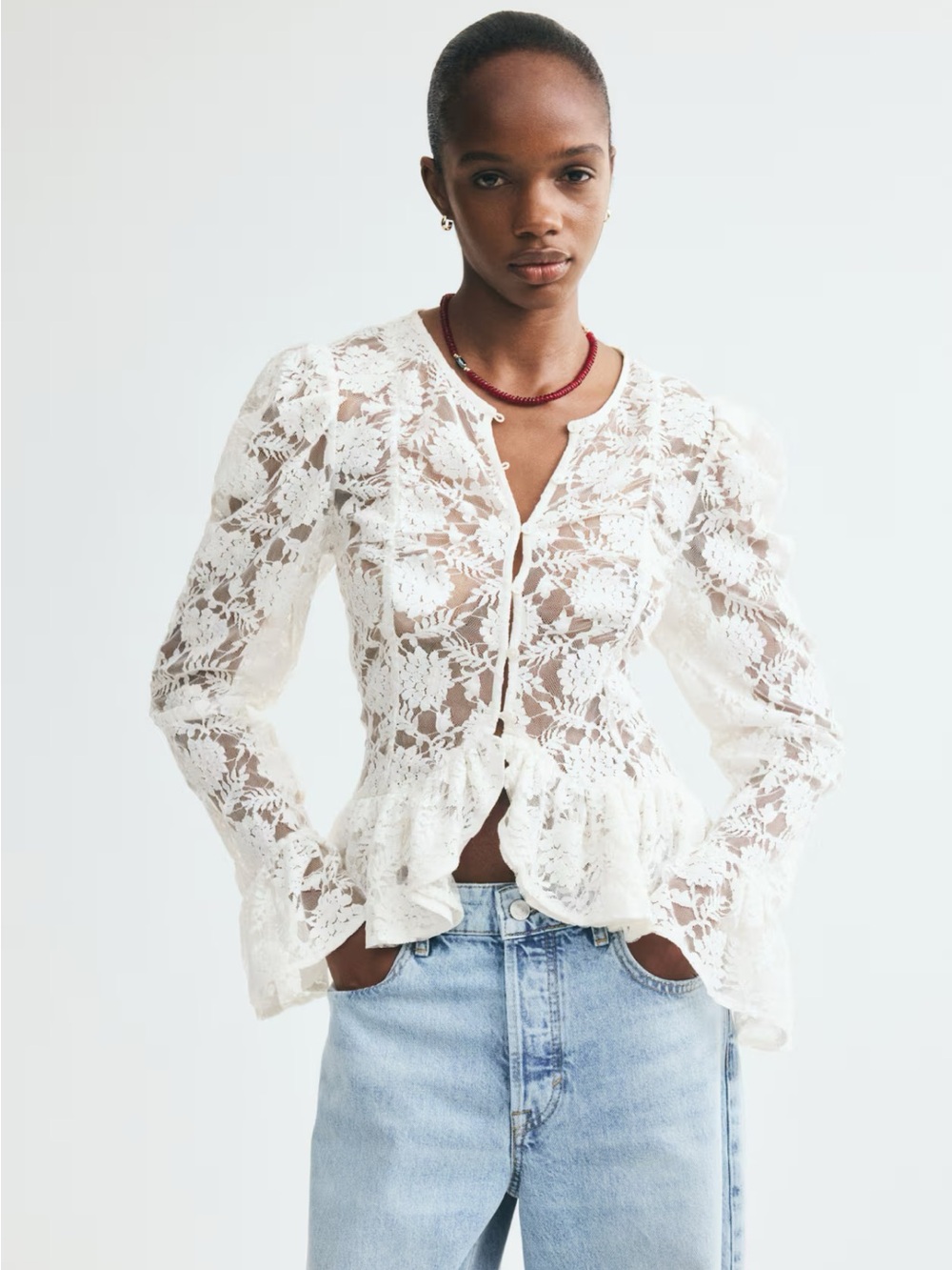 H&M NWT WHITE RUFFLE-TRIMMED LACE BLOUSE SIZE SMALL